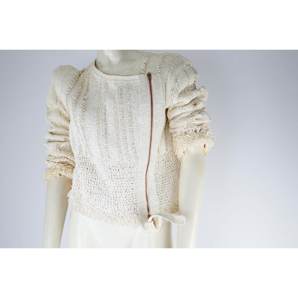 Alexander Wang Cream Crochet Knit Moto Jacket M Deconstructed Fringe Zip Cropped